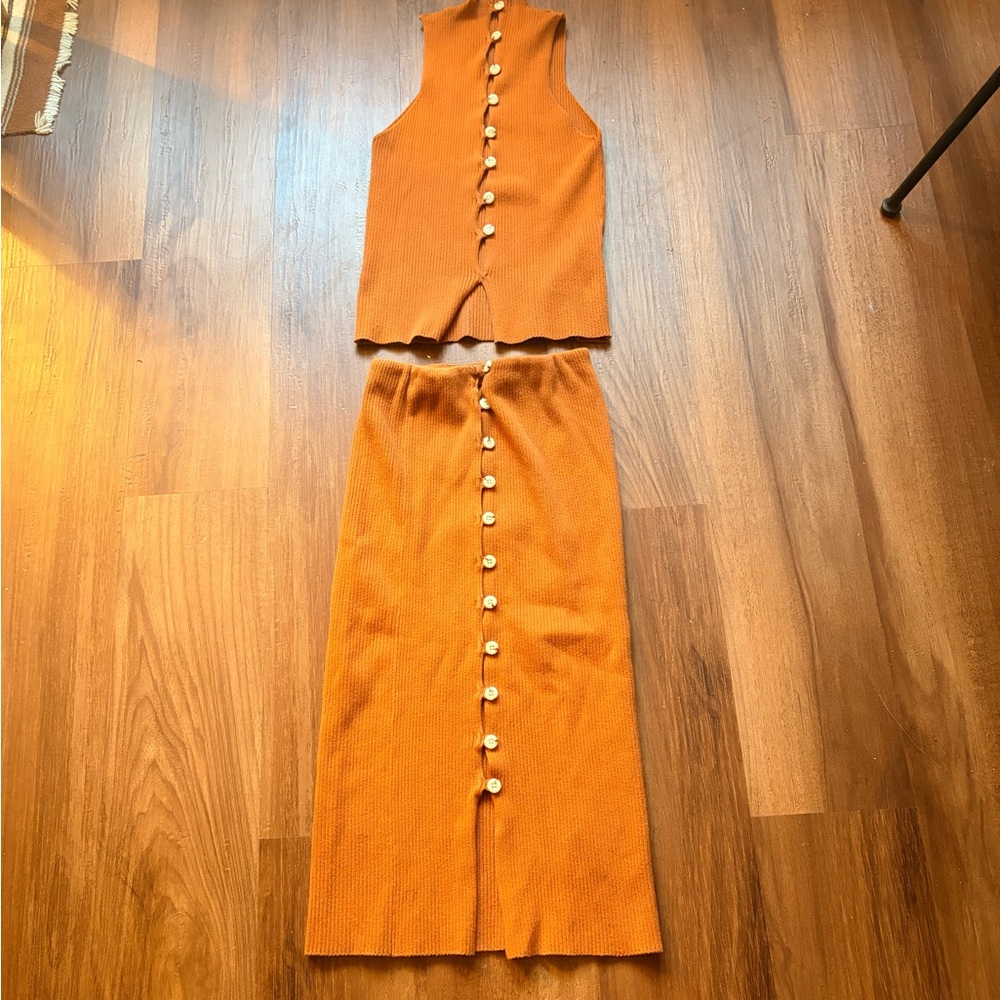 Anthropologie Burnt Orange Co-ord with Top-to-Bottom Center Button Detail.